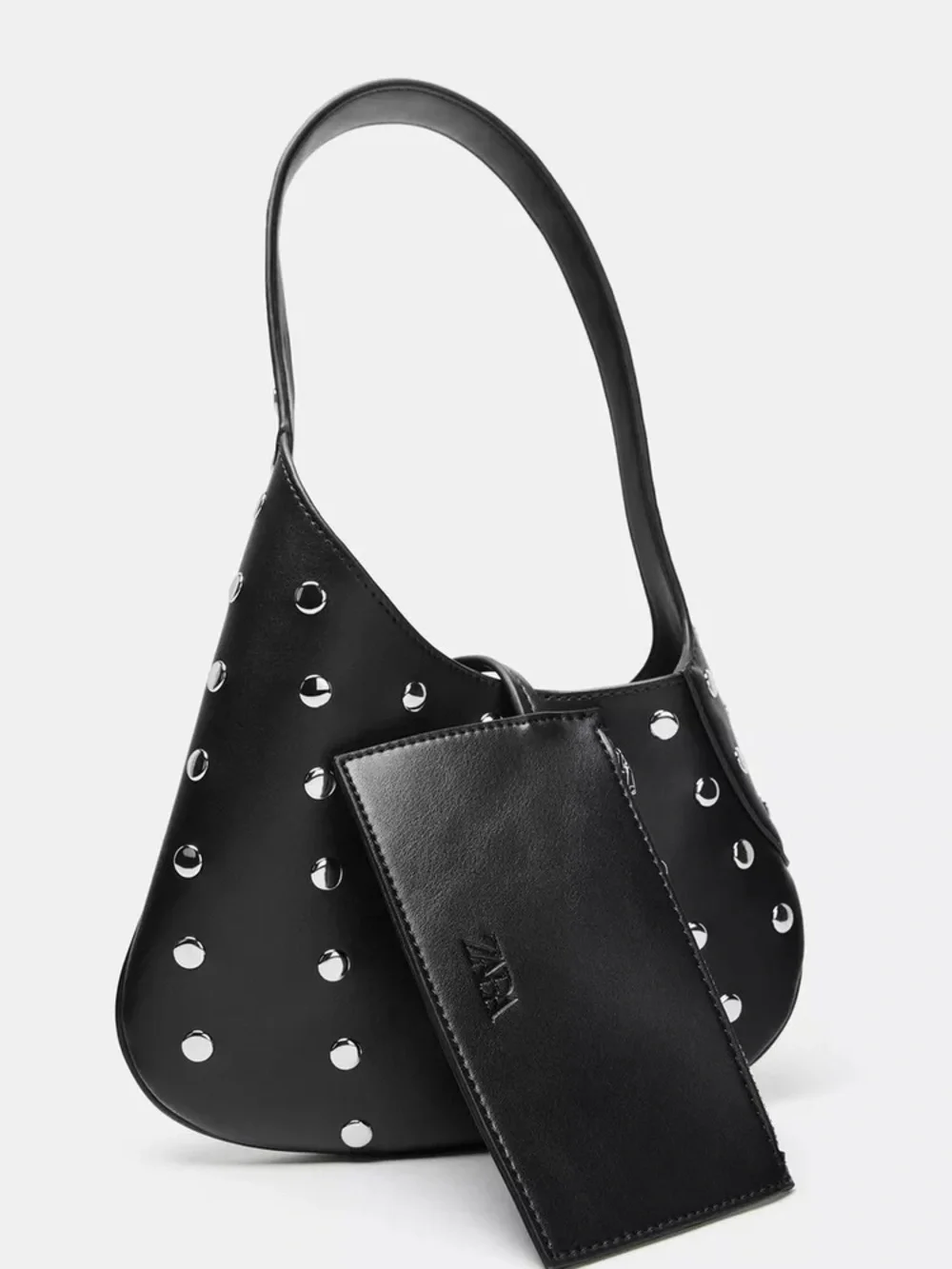 Zara Faux Leather Black Studded Shoulder Bag with Detachable Pouch